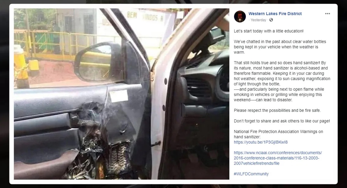 آتش نشانی هشدار داد که ضدعفونی کننده های دستی در ماشین باعث آتش سوزی خواهند شد
