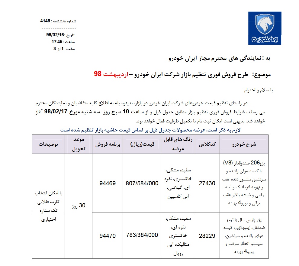 شرایط فروش فوری محصولات ایران خودرو برای 17 اردیبهشت